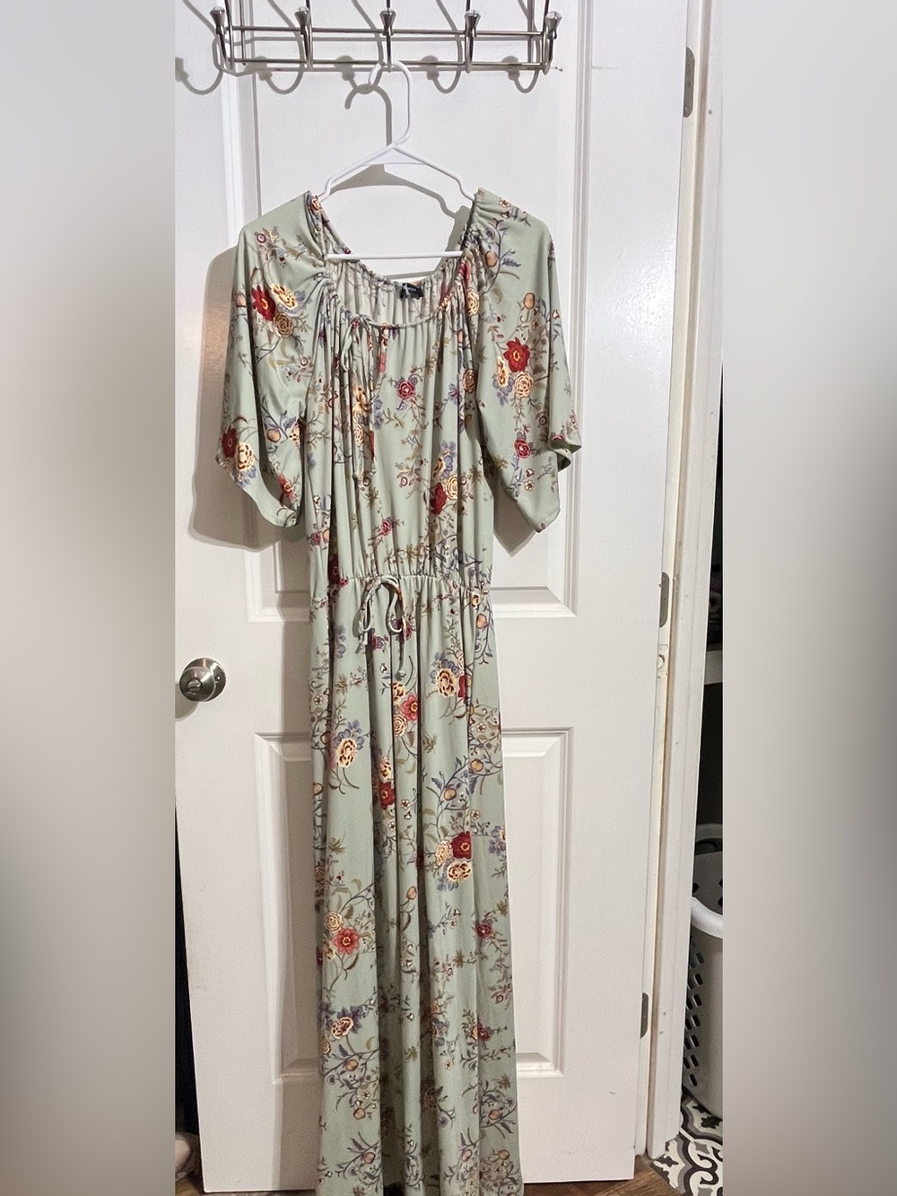 Women’s Sage Green Floral Maxi Dress with Drawstring Waist